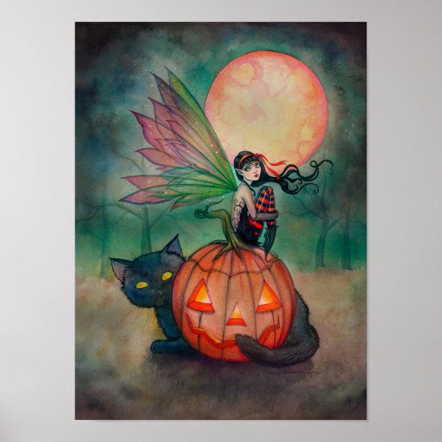 Poster Halloween Pixie Fairy e Black Cat Fantasy Art (Frente)