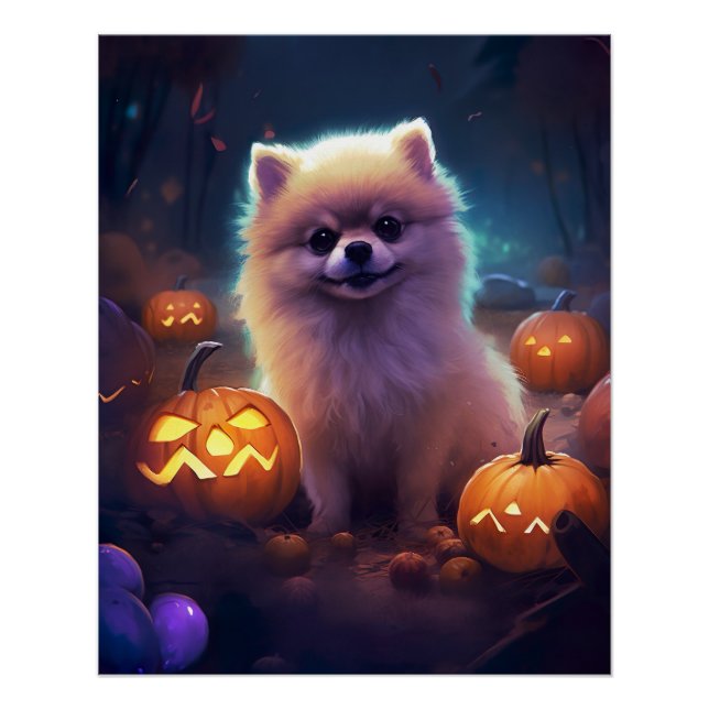 Póster Halloween Pomeranian Com Pumpkins Assustado (Frente)