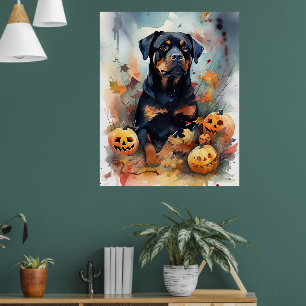 Poster Halloween Rottweiler Com Pumpkins Assustado