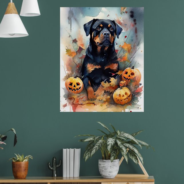 Poster Halloween Rottweiler Com Pumpkins Assustado (Sala de Estar 1)