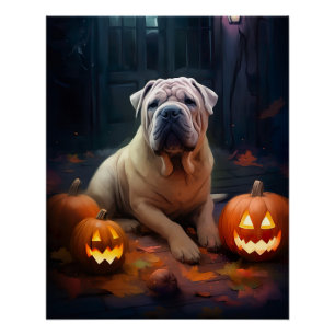 Póster Halloween Shar Pei Com Pumpkins Assustado