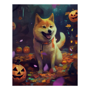 Póster Halloween Shiba Inu Com Pumpkins Assustado