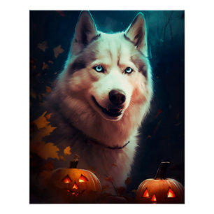 Póster Halloween Siberian Husky Com Pumpkins Assustado