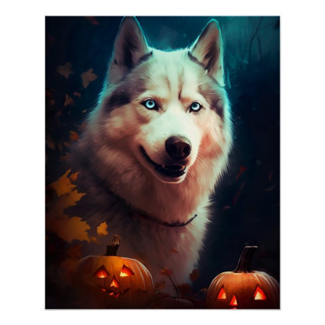 Póster Halloween Siberian Husky Com Pumpkins Assustado (Frente)