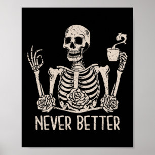 Poster Halloween Skeleton Skeleton Mulheres Bebendo Café 