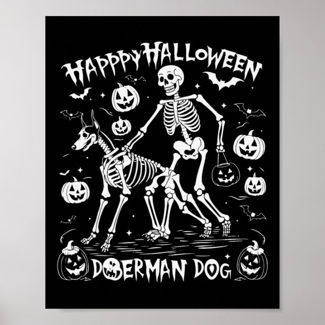 Poster Halloween Skeleton Walking Doberman Dog (Frente)