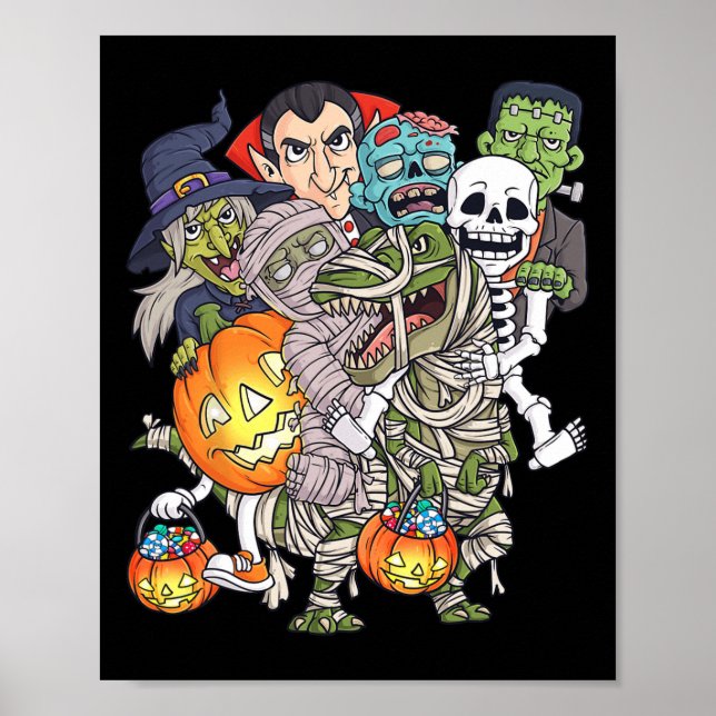 Poster Halloween Skeleton Zombie Andando Mummy T Rex Engr (Frente)
