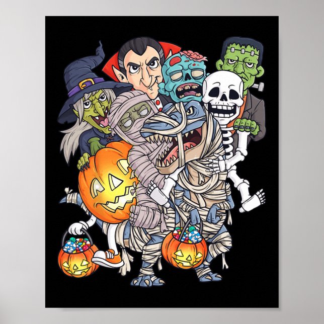 Poster Halloween Skeleton Zombie Andando Mummy T Rex Engr (Frente)