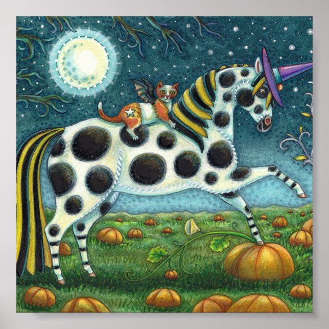 Poster HALLOWEEN SPONTTED PONY & BAT CAT Fantasy Horse (Frente)