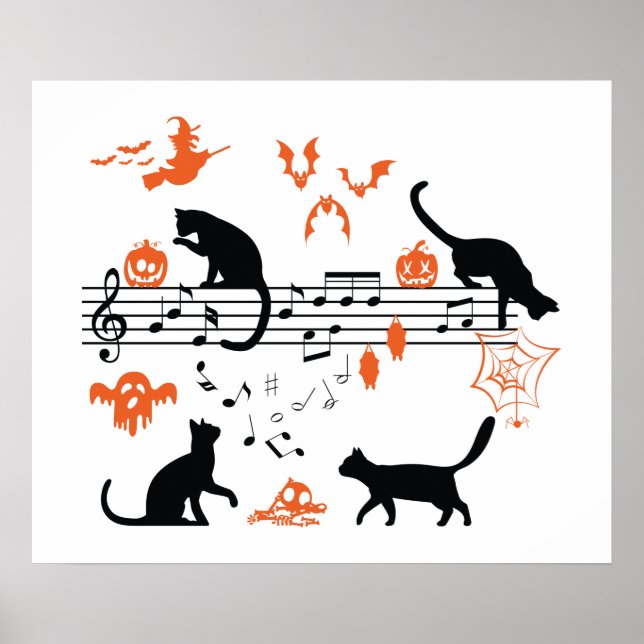 Poster Halloween Spooky and Scary Cats Playing Music Note (Frente)