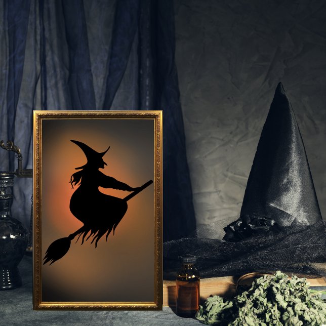 Poster Halloween Spooky Witch Broom (Spooky flying Witch on her broomstick wall art print.)