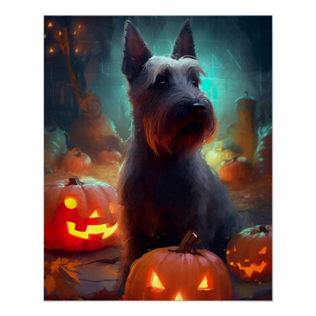 Póster Halloween Terrier Escocês Com Abóboras Assustador (Frente)
