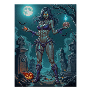 Póster Halloween Treat ou Zombie Namorada w Cérebros