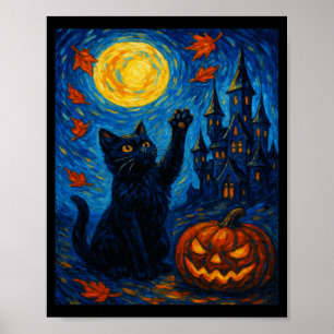 Poster Halloween Van Gogh Noite Estrelada Gato Preto Abób