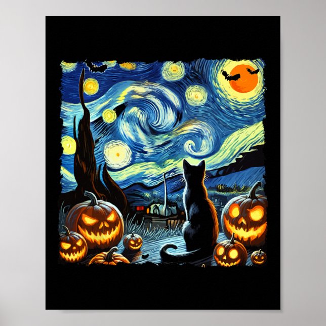 Poster Halloween Van Gogh Starry Night Black Cat (Frente)