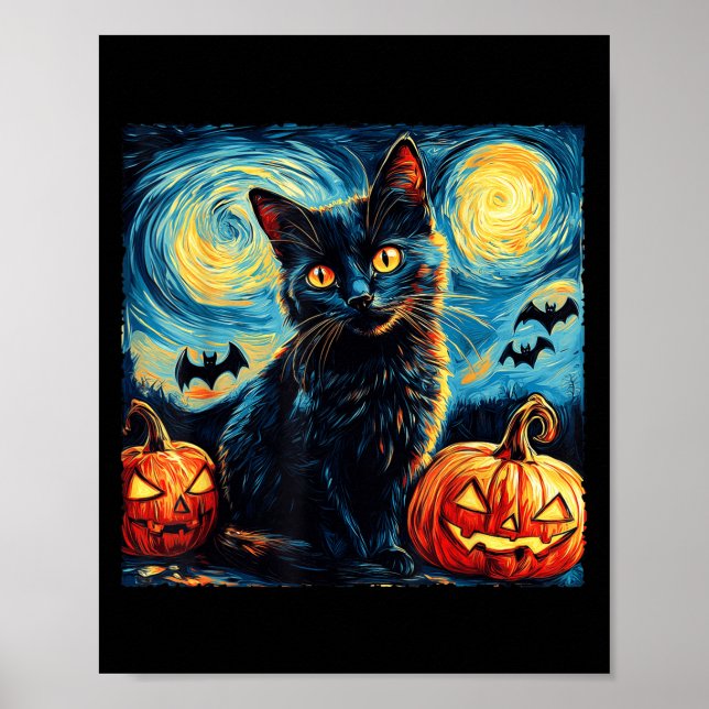 Poster Halloween Van Gogh Starry Night Black Cat Pumpkins (Frente)