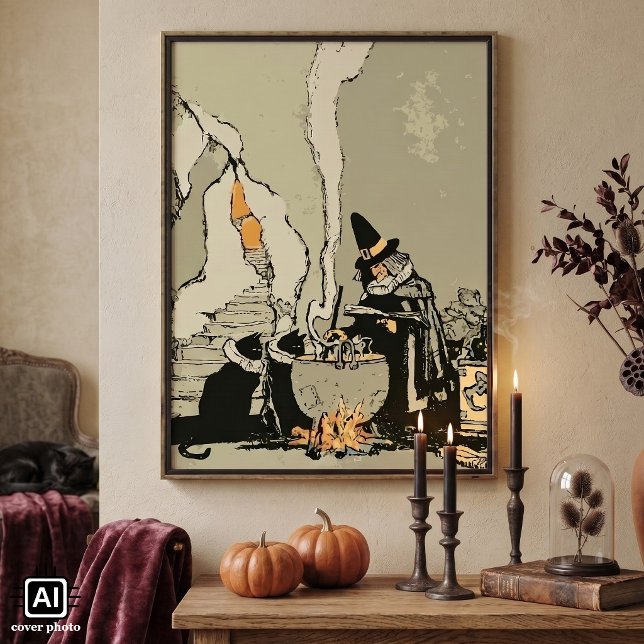 Póster Halloween Vintage, Bruxa com Caldeirão e Gatos (Vintage illustration Halloween design with black cats and a witch stirring a brew in a caldron.)