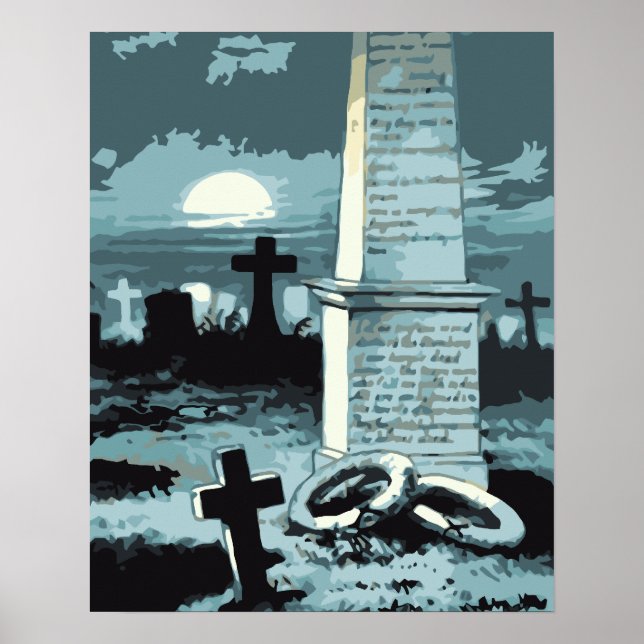 Póster Halloween Vintage, Cemitério Assustador com Túmulo (Frente)