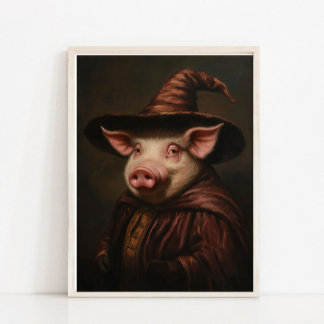 Poster Halloween Wall Art, Cute Wizard Pig Vintage Painti