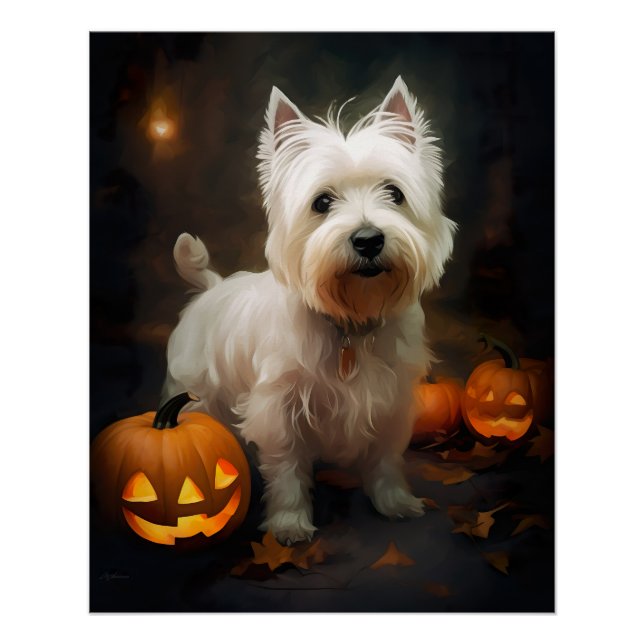 Póster Halloween West Highland White Terrier Pumpkins (Frente)