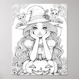 Poster Halloween Whimsy: Gatos de abóbora na coloração do