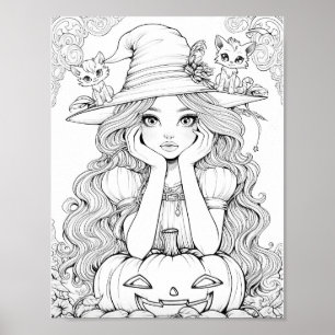 Poster Halloween Whimsy: Gatos de abóbora na coloração do