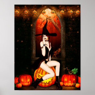 Póster Halloween Witch and pumpkins