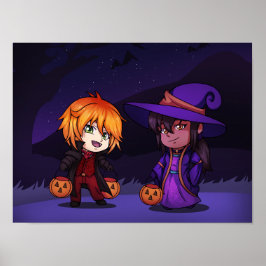 Poster Halloween Witch e Vamire Chibi
