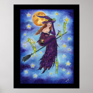 Poster Halloween witch with cute frogs by Renee Lavoie