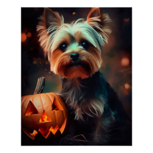 Póster Halloween Yorkshire Terrier Com Pumpkins Assustado