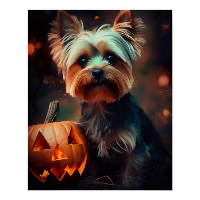 Póster Halloween Yorkshire Terrier Com Pumpkins Assustado (Frente)