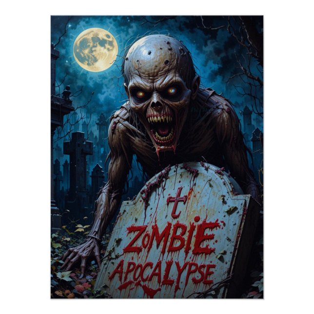 Póster Halloween Zumbi Espectro Cemitério Assustador Lua  (Frente)