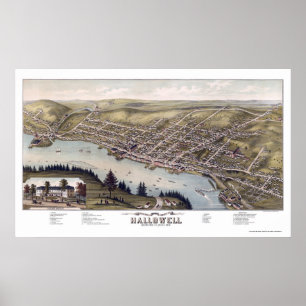 Poster Hallowell, Map Panorâmico ME - 1878