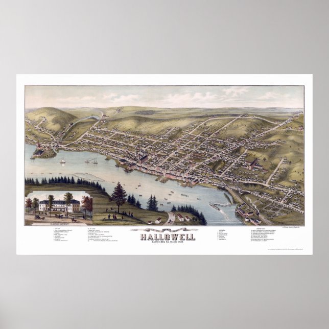 Poster Hallowell, Map Panorâmico ME - 1878 (Frente)