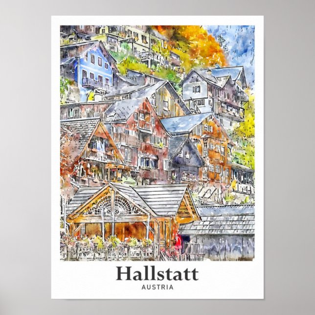 Poster Hallstatt Austria Viagem Watercolor Desenhado (Frente)