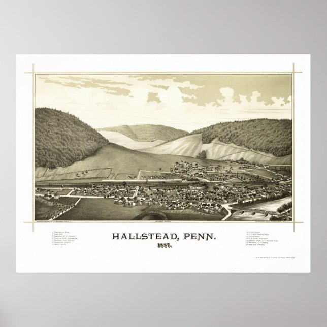 Póster Hallstead, PA Panorâmica Map - 1887 (Frente)