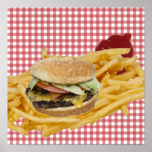 Poster Hamburger, Batata Frita, Fundo Xadrez Vermelho e B