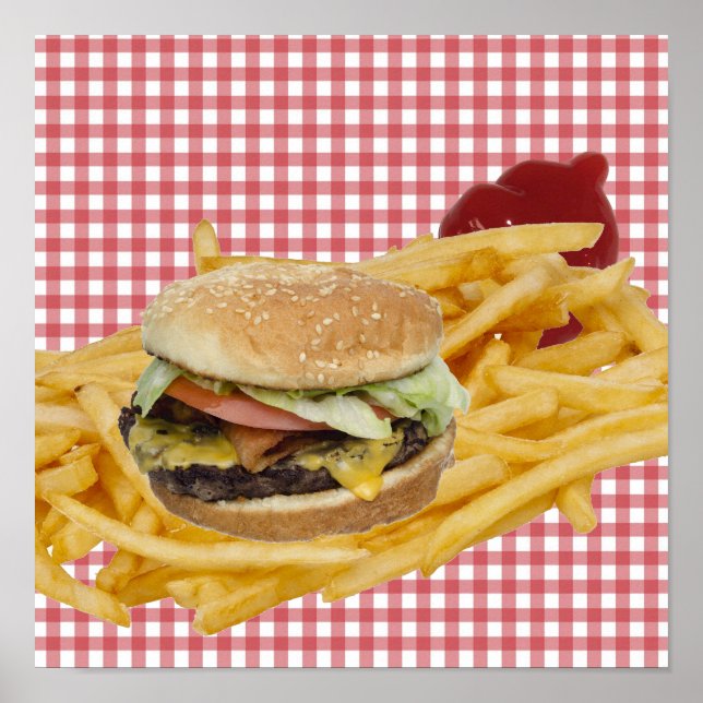 Poster Hamburger, Batata Frita, Fundo Xadrez Vermelho e B (Frente)