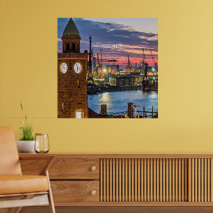 Poster Hamburgo, Alemanha, visão panorâmica no crepúsculo