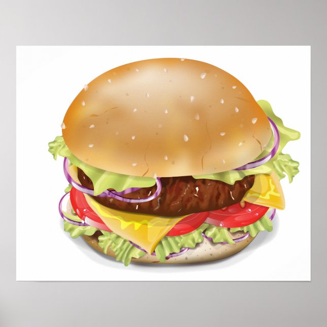 Póster Hambúrguer delicioso ou cheeseburger. (Frente)