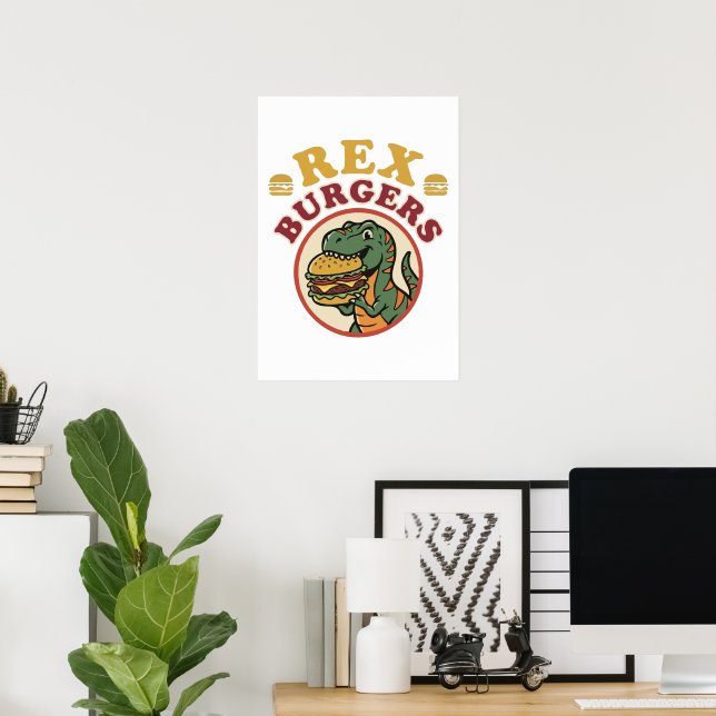 Poster Hambúrgueres Retro Rex T-Rex Comendo Cheeseburger  (Escritório em casa)