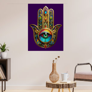 Poster Hamsa Colorido Dourado Ornamentado Terceiro Olho V