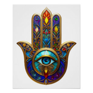 Póster Hamsa Colorido Dourado Terceiro Olho Turquesa Safi