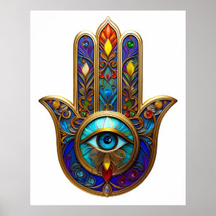 Poster Hamsa Colorido Dourado Terceiro Olho Turquesa Safi