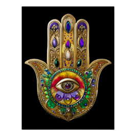 Póster Hamsa de Ouro Pintado com Olho Terceiro de Ametist