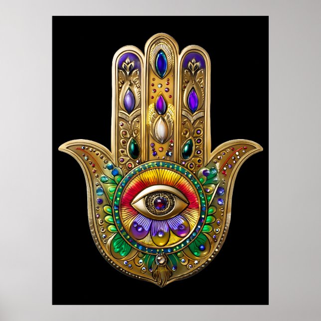 Poster Hamsa de Ouro Pintado com Olho Terceiro de Ametist (Frente)