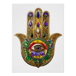 Póster Hamsa de Ouro Pintado com Olho Terceiro de Ametist
