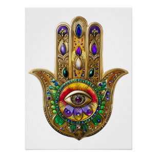 Póster Hamsa de Ouro Pintado com Olho Terceiro de Ametist