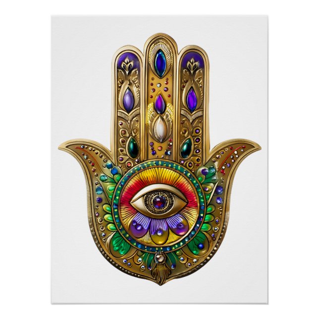 Póster Hamsa de Ouro Pintado com Olho Terceiro de Ametist (Frente)