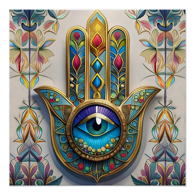 Póster Hamsa do Terceiro Olho Azul-Verde com Filigrana Co (Frente)